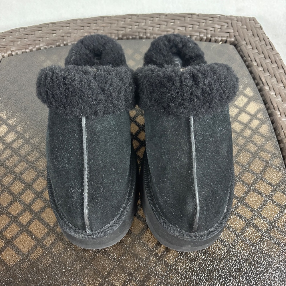 UGG Disquette Platform Suede Slippers Sheepskin Collar & Lining Size 10